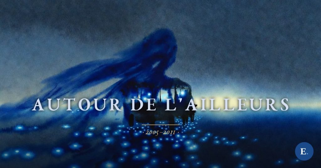 Carte bleu nuit signée Emirelo, titre « Autour de l'Ailleurs ». Poème d'Emirelo (2005–2011) : Je rêve de la femme bleue / Autour d'un ailleurs / Là où je suis né peut-être / D'un mot commençant par… — Emirelo. (Quatrain d'ouverture ; la série complète « Les petits mots #1 : Autour de l'Ailleurs » se lit sur emirelo.fr.)