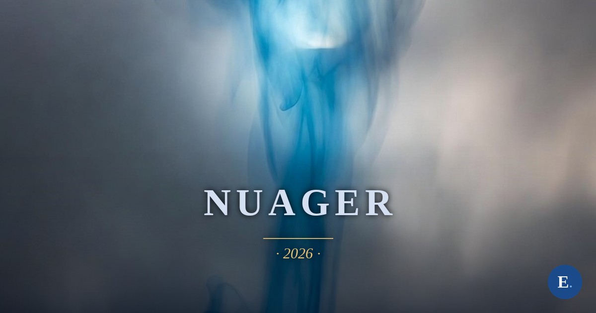 Nuager, carte-titre d'Emirelo : encre bleue montant d'une terre sombre vers une lumiere pale.