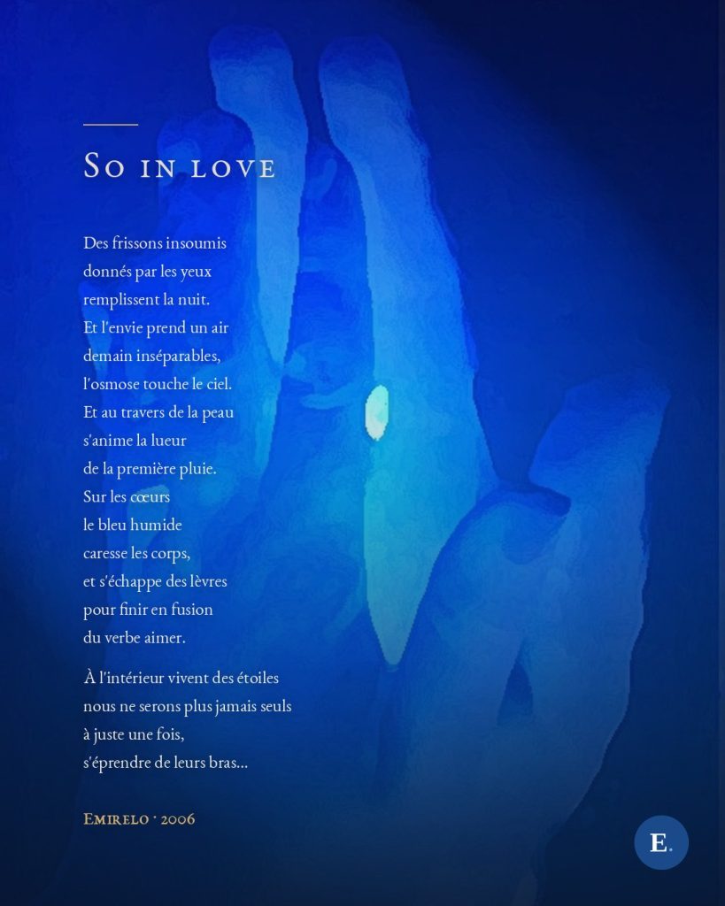 Carte du poeme So in love d'Emirelo, 2006, texte integral sur le dessin de deux mains jointes et d'une etoile entre elles.