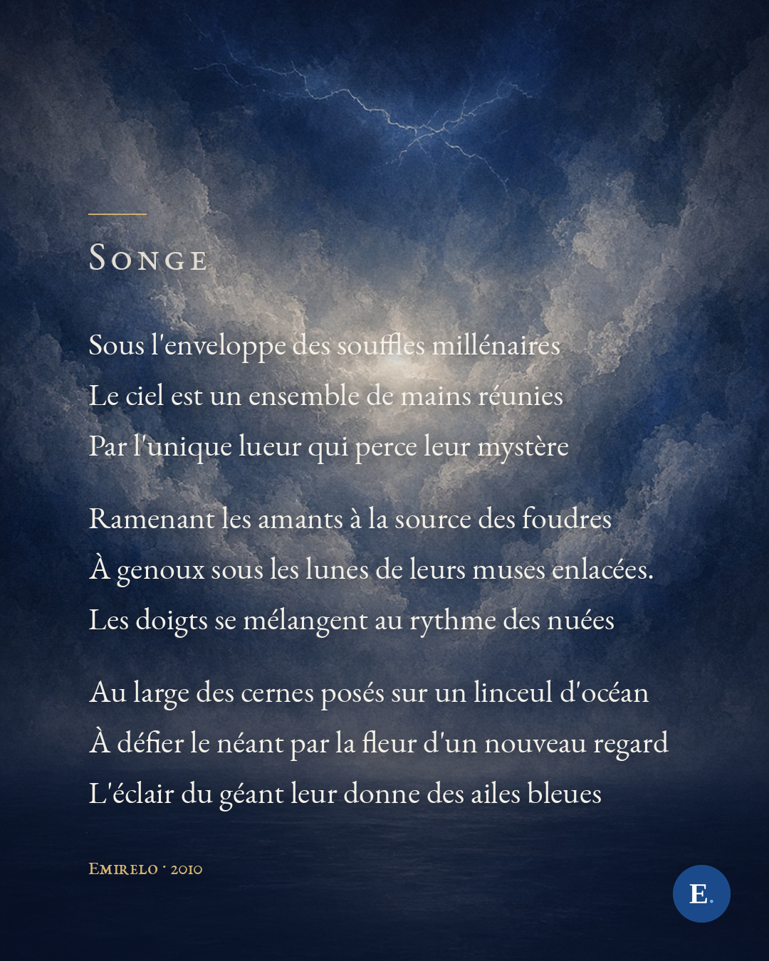 Carte poème Emirelo : le texte intégral de « Songe » sur un ciel d'orage bleu