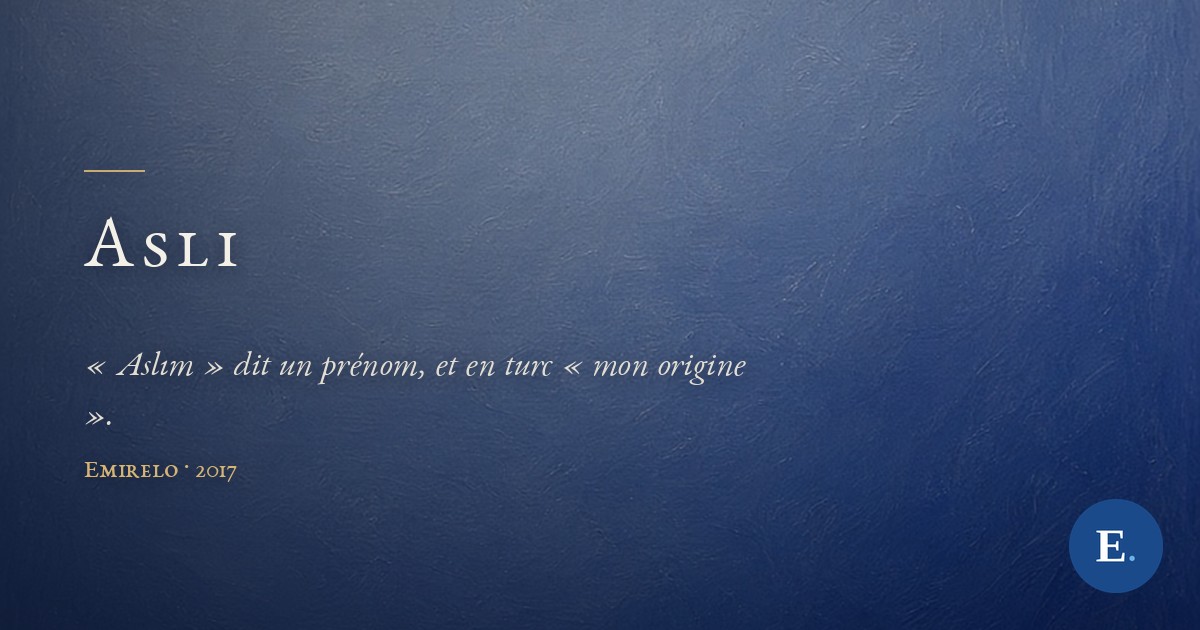 Carte-titre Emirelo : le mot « Asli » en petites capitales claires, a gauche sous un court filet d'or, sur un champ de bleu outremer profond, sans horizon ni contour ; logo E. en bas a droite.