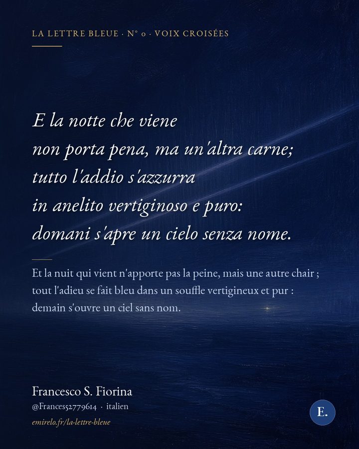 Carte du poème de Francesco S. Fiorina, en italien et en français, sur une mer de nuit.