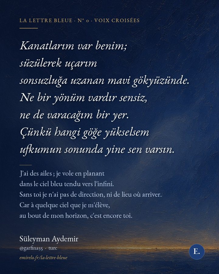 Carte du poème de Süleyman Aydemir, en turc et en français, sur un horizon doré.