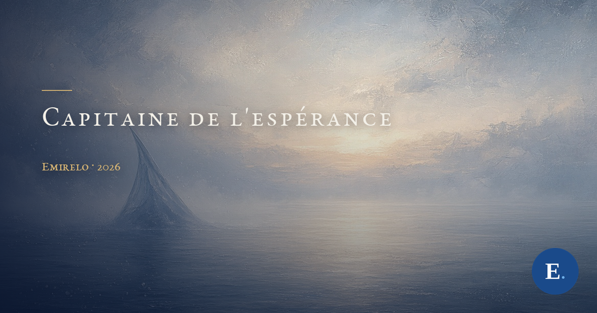 Carte titre Emirelo : une peinture à l'huile texturée, brume bleu nuit et gris perle. Une petite voile de brume bleue émerge à gauche d'une mer calme et lisse ; au centre, une lumière dorée pâle perce l'horizon sous un ciel de nuages doux. Le titre « CAPITAINE DE L'ESPÉRANCE » en capitales claires espacées à gauche, un court filet doré au-dessus, et « Emirelo · 2026 » en petites capitales dorées dessous. Logo E. dans un rond bleu, en bas à droite.