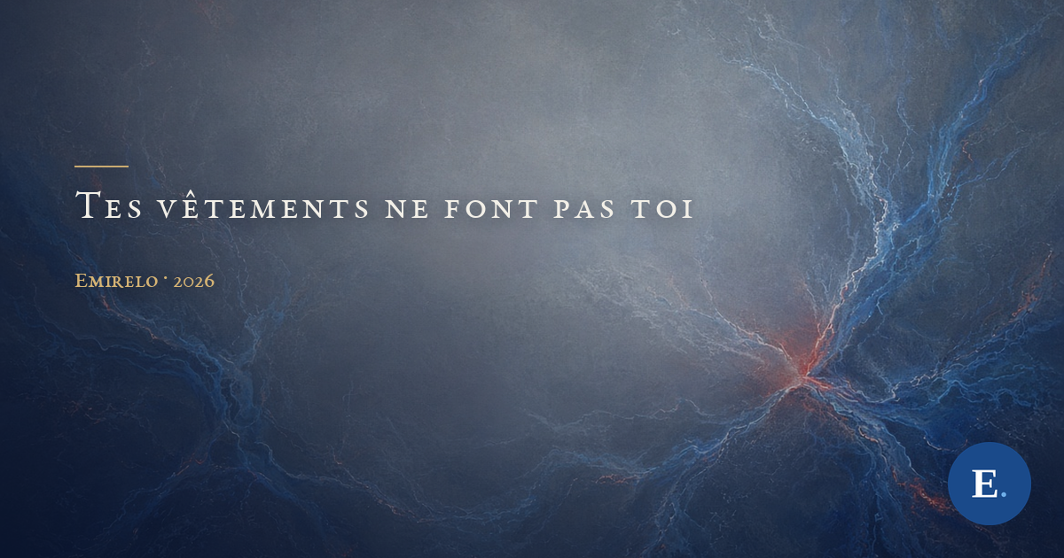 Carte titre Emirelo : une peinture texturée, brume gris-bleu sombre. De fines rivières de lumière bleue se ramifient comme des veines à droite et en bas à gauche, et se rejoignent en un point rougeoyant chaud. Le titre « TES VÊTEMENTS NE FONT PAS TOI » en capitales claires espacées à gauche, un court filet doré au-dessus, et « Emirelo · 2026 » en petites capitales dorées dessous. Logo E. dans un rond bleu, en bas à droite.